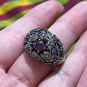 VTG Boho Floral Amethyst Crystal Sterling Silver 925 Size 9 3/4 Cocktail Ring